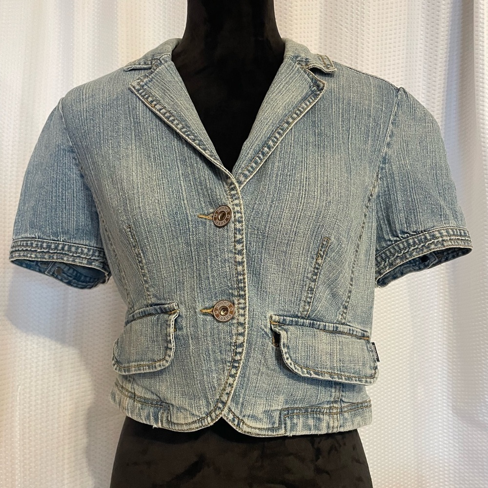 Tommy Jeans Cropped Denim V-neck Puffed Sleeve Jacket Blouse Girls Size XL